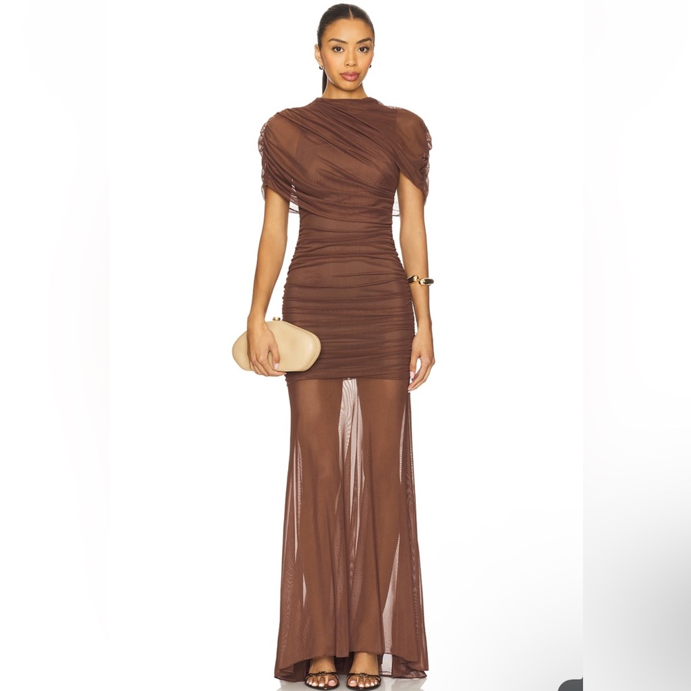 Amanda Uprichard × REVOLVE Evianna Mesh Gown in Chocolate Brown